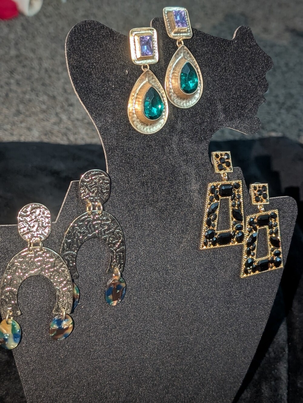 3 Pair Earrings Jeweled And Gold Tone